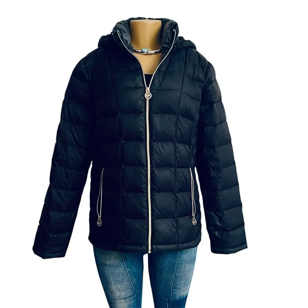 NWT Gorgeous Black MICHAEL KORS L  Packable Quilted Goose Down Puffer Jacket